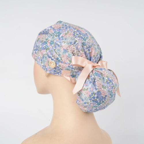 Blue & Pink Flowers Ponytail Scrub Cap