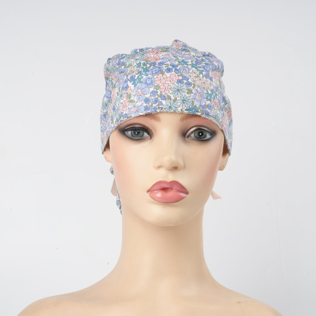 Blue & Pink Flowers Ponytail Scrub Cap