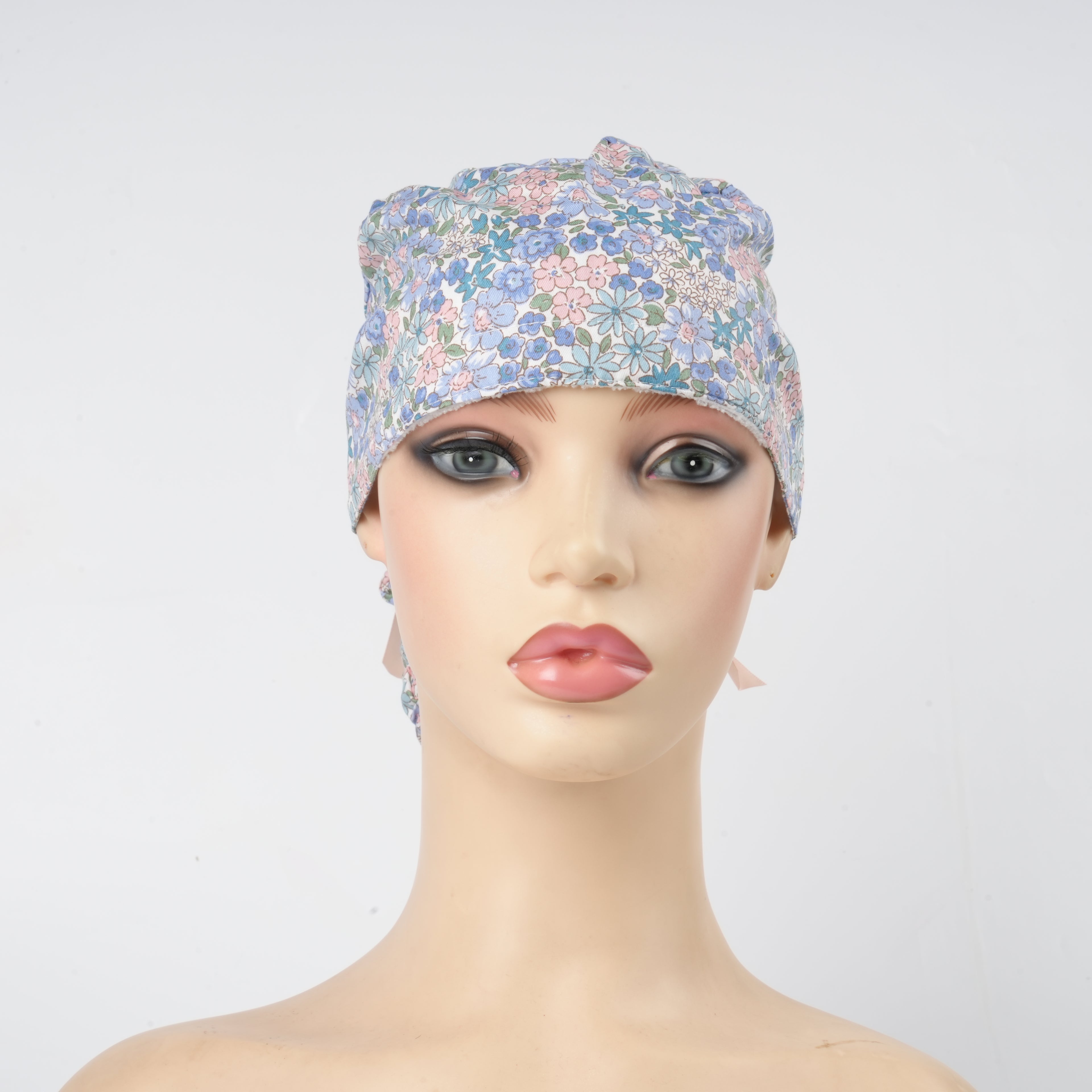 Blue & Pink Flowers Ponytail Scrub Cap