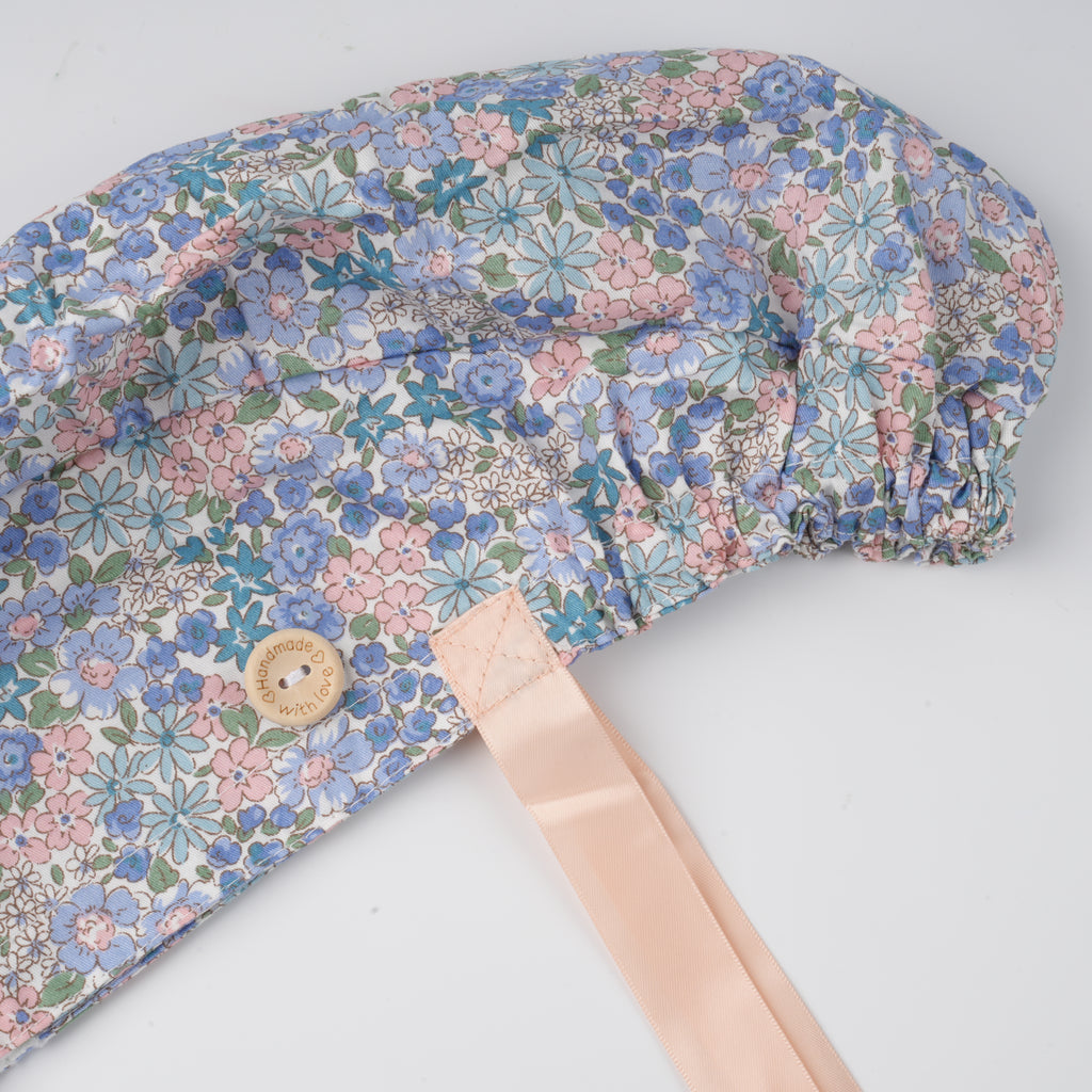Blue & Pink Flowers Ponytail Scrub Cap