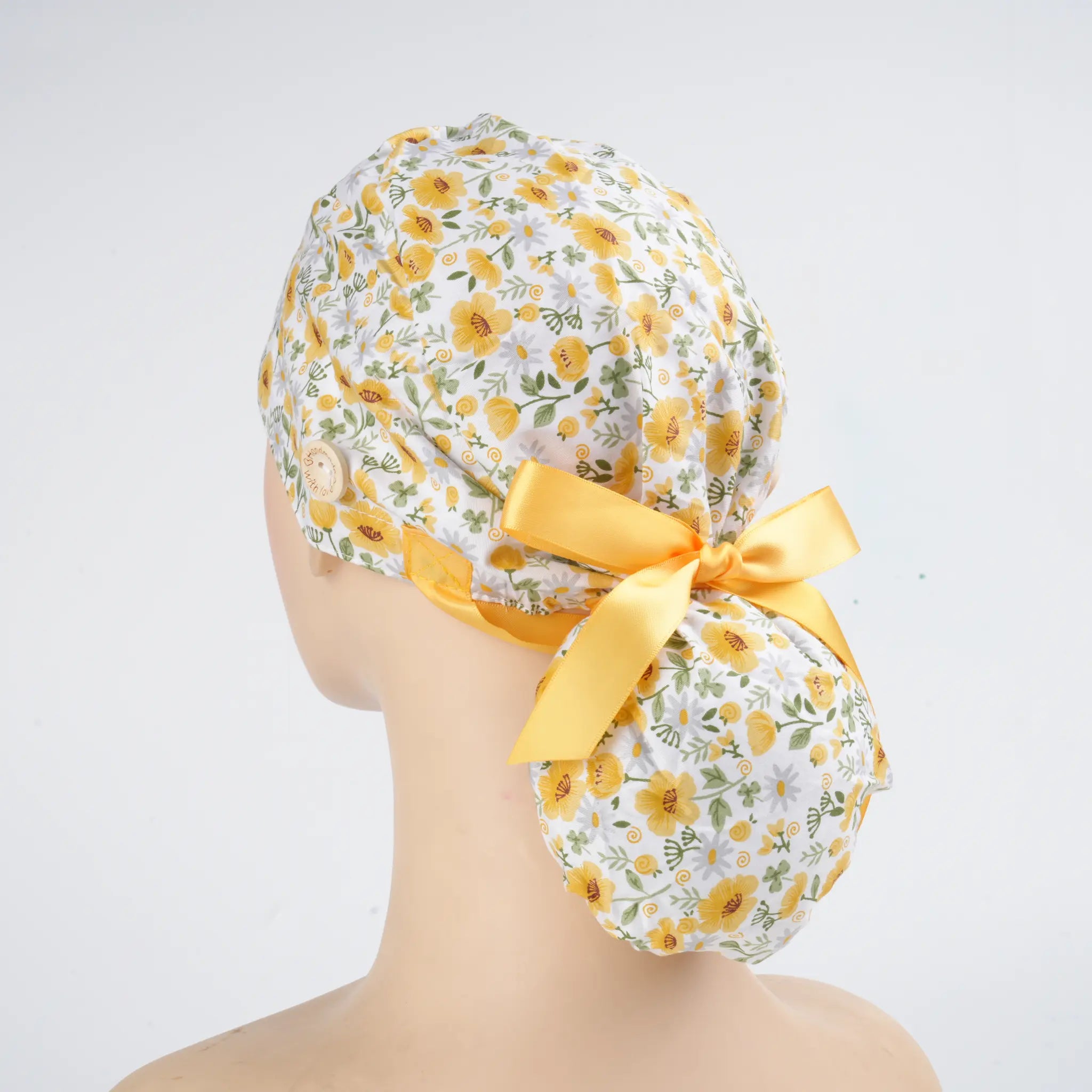 Yellow & White Floral Ponytail Scrub Cap