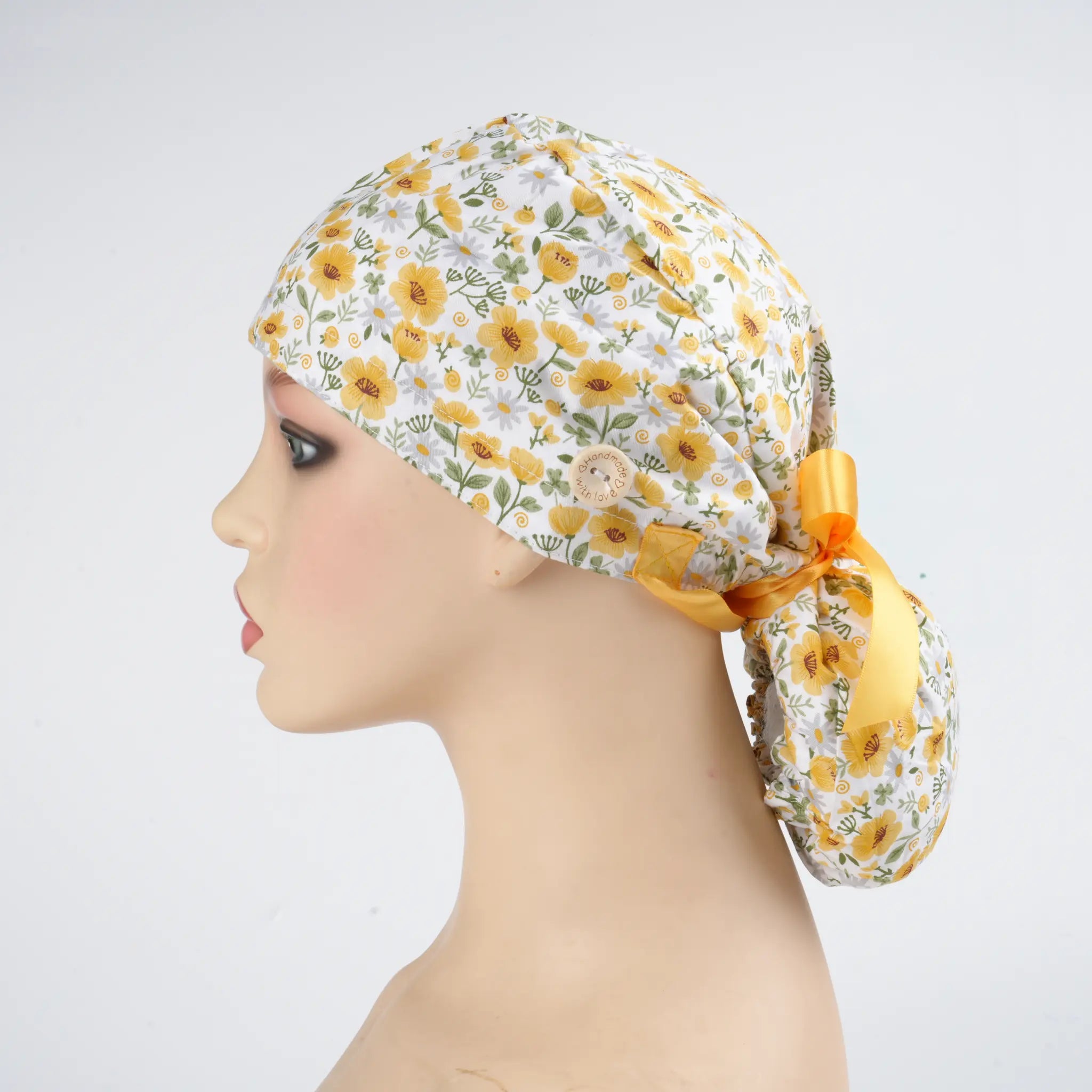 Yellow & White Floral Ponytail Scrub Cap