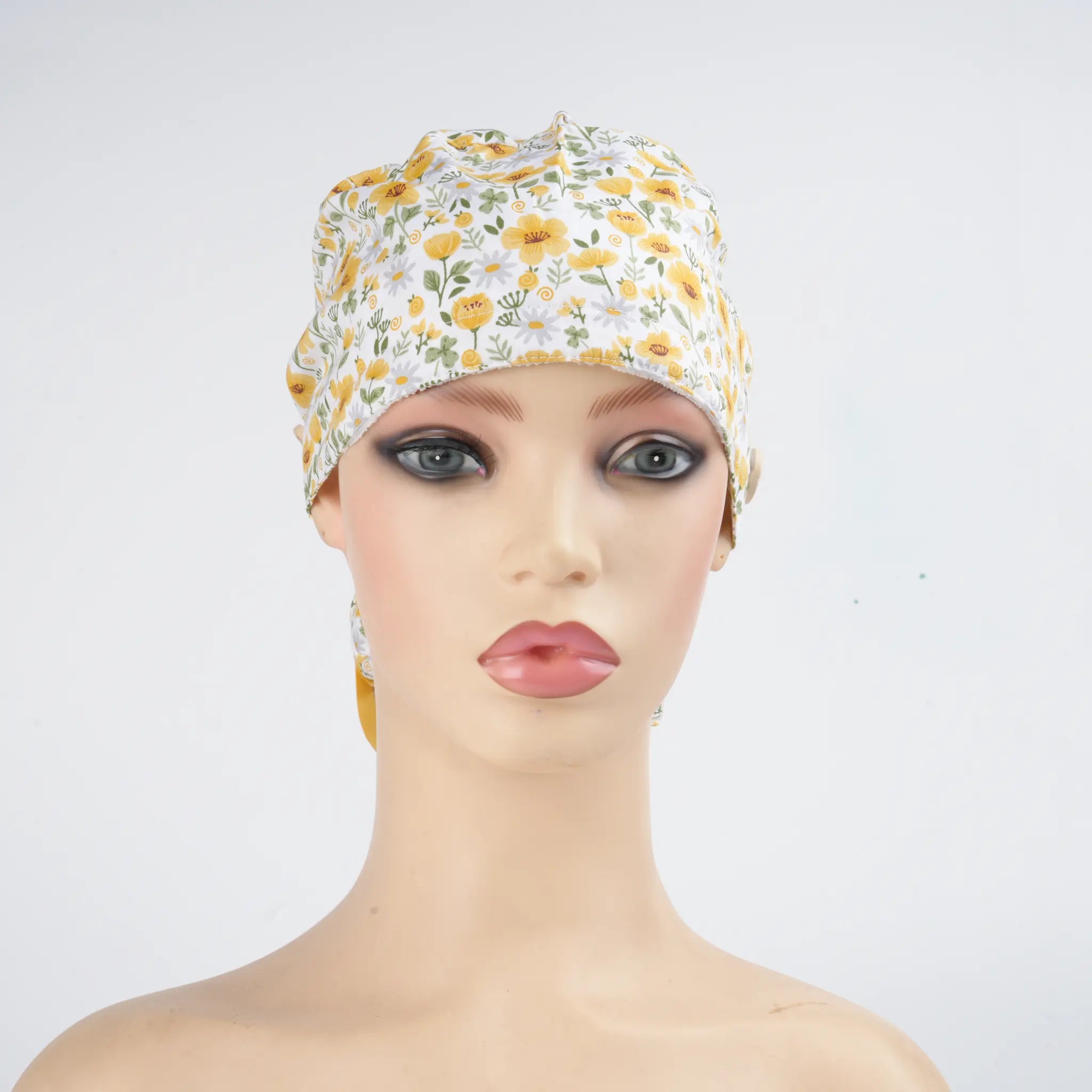 Yellow & White Floral Ponytail Scrub Cap