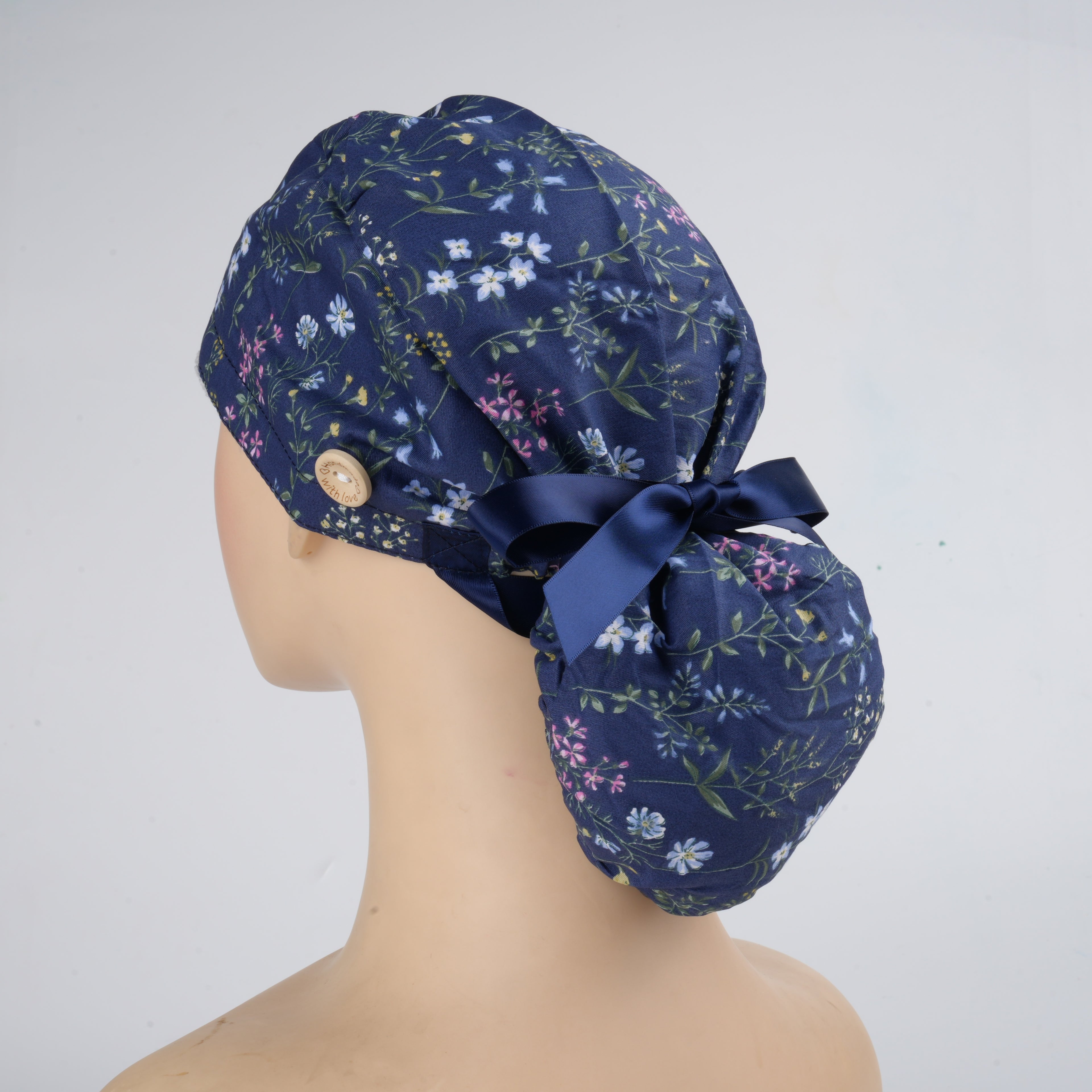 Navy Floral Ponytail Scrub Cap