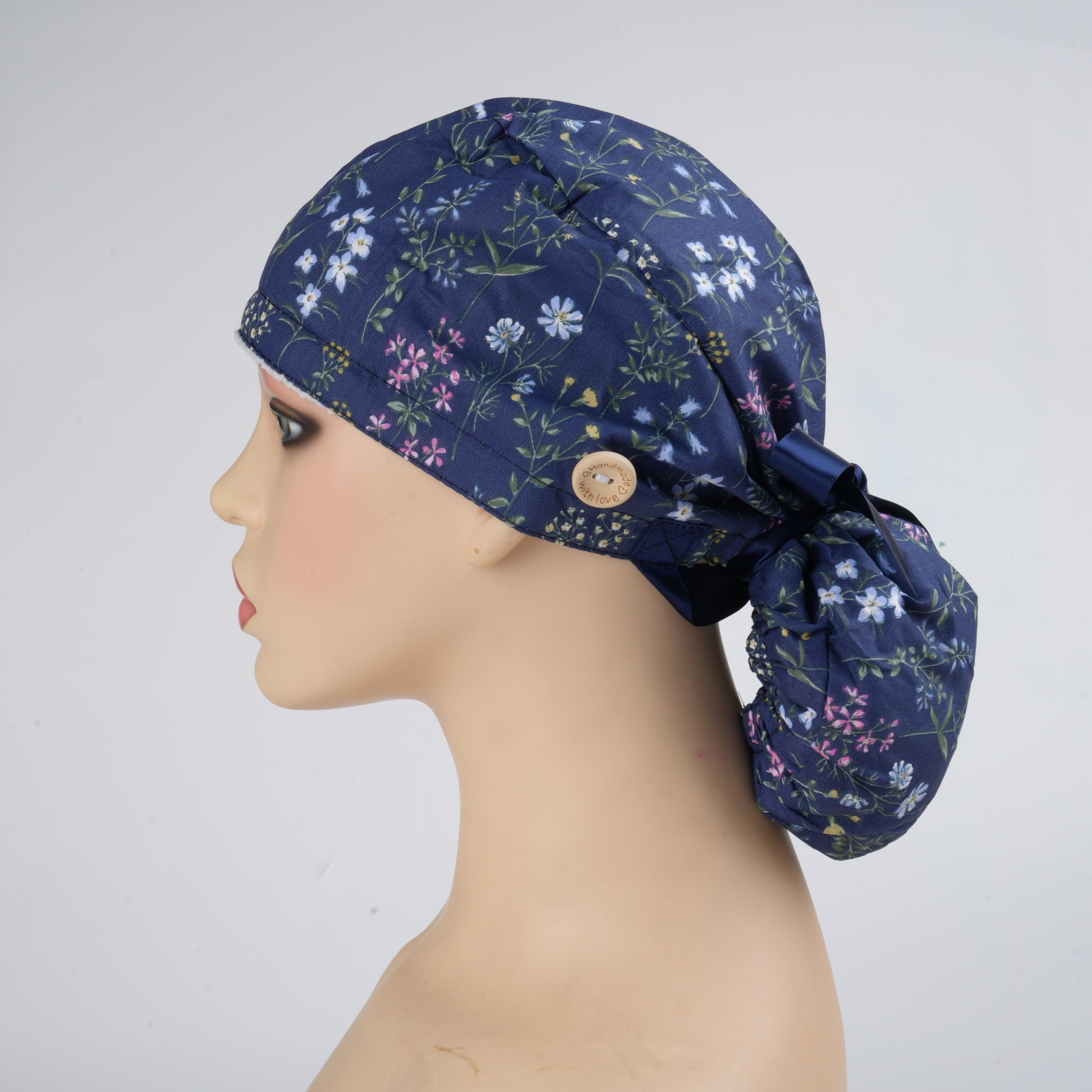 Navy Floral Ponytail Scrub Cap
