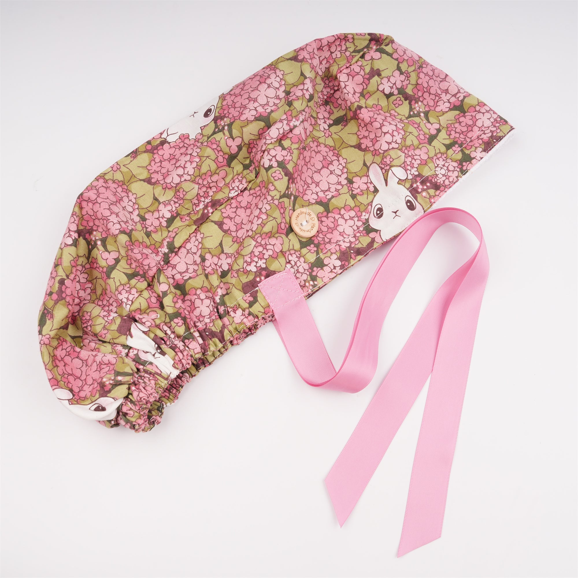Pink Hydrangea & Bunny Ponytail Scrub Cap
