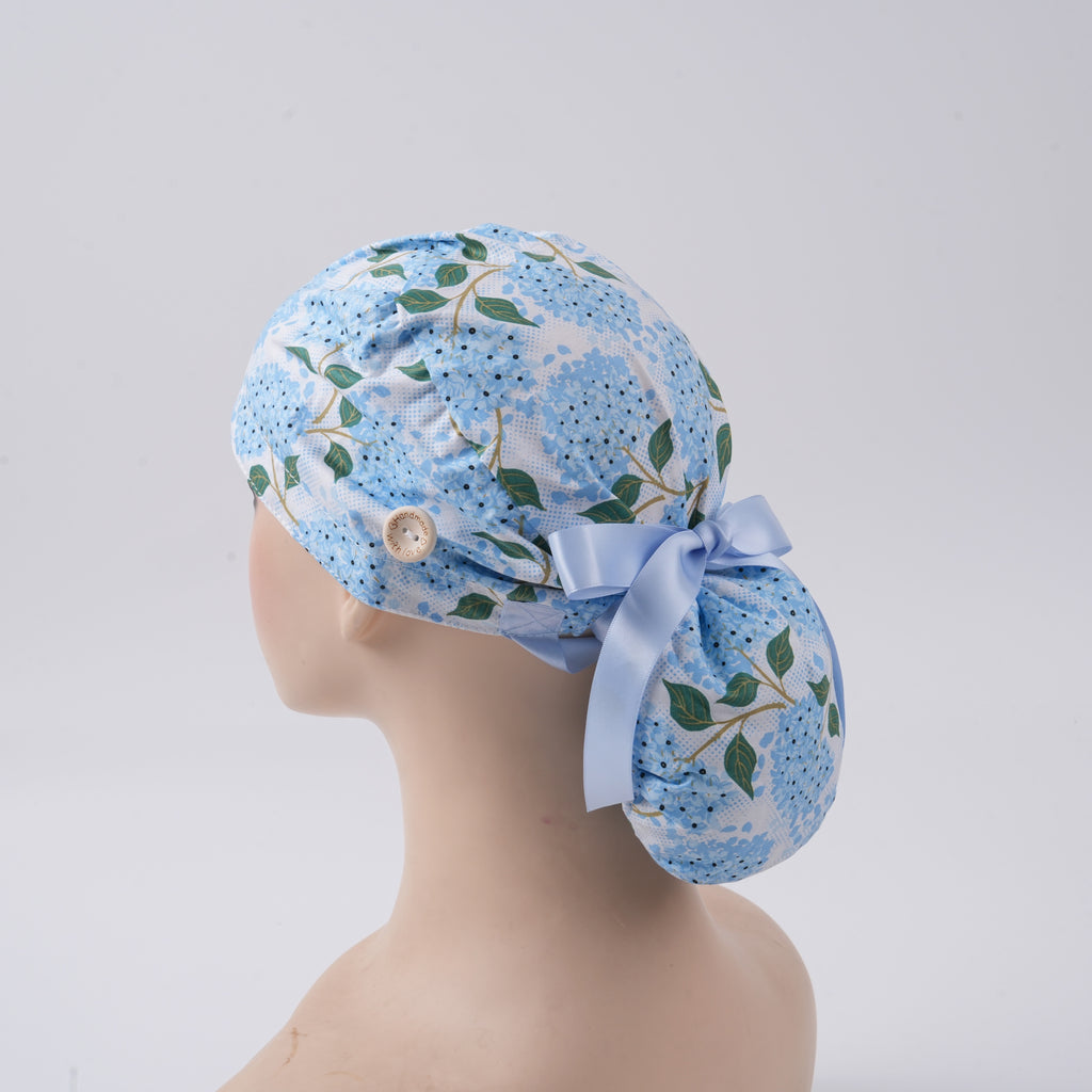 Blue Hydrangea Ponytail Scrub Cap
