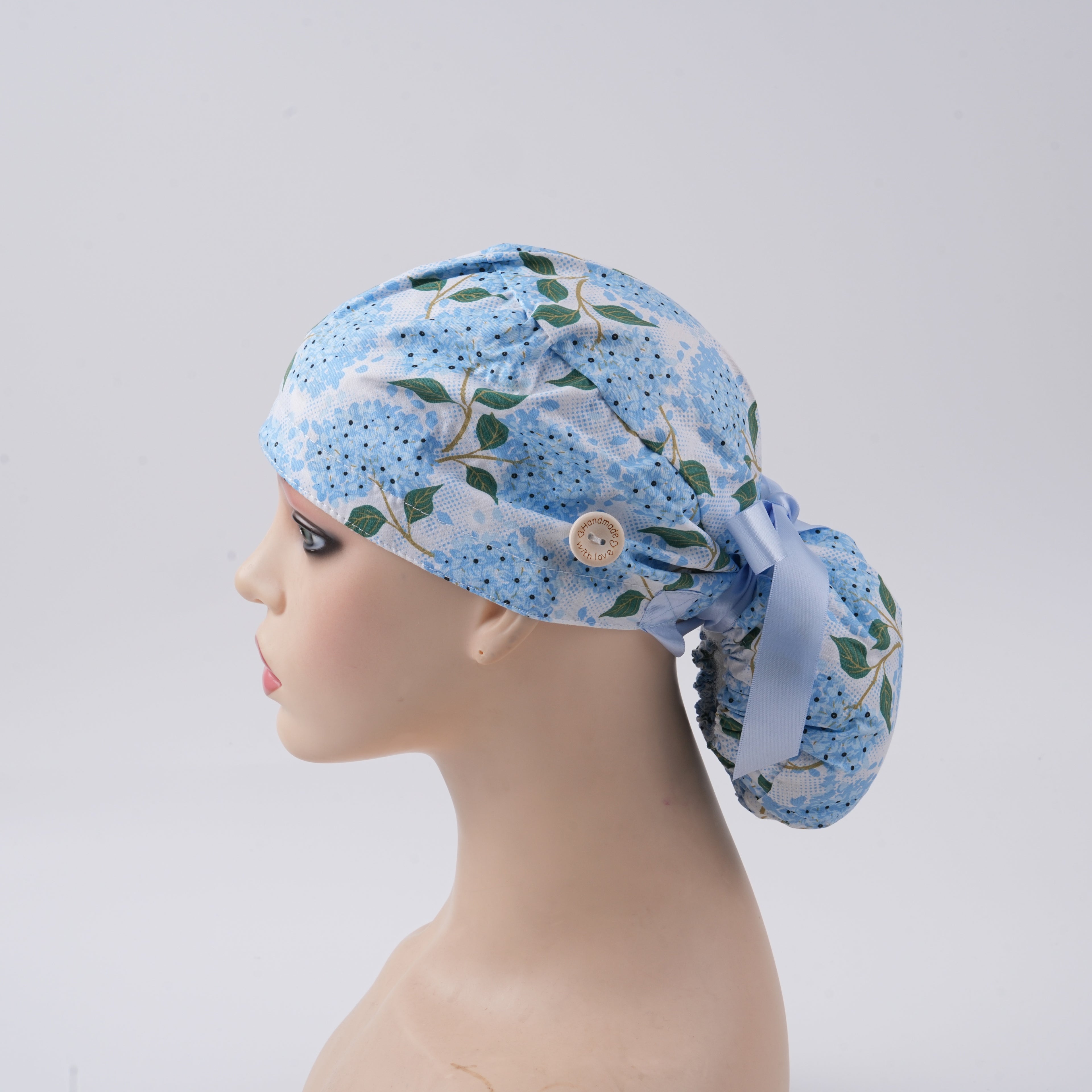 Blue Hydrangea Ponytail Scrub Cap