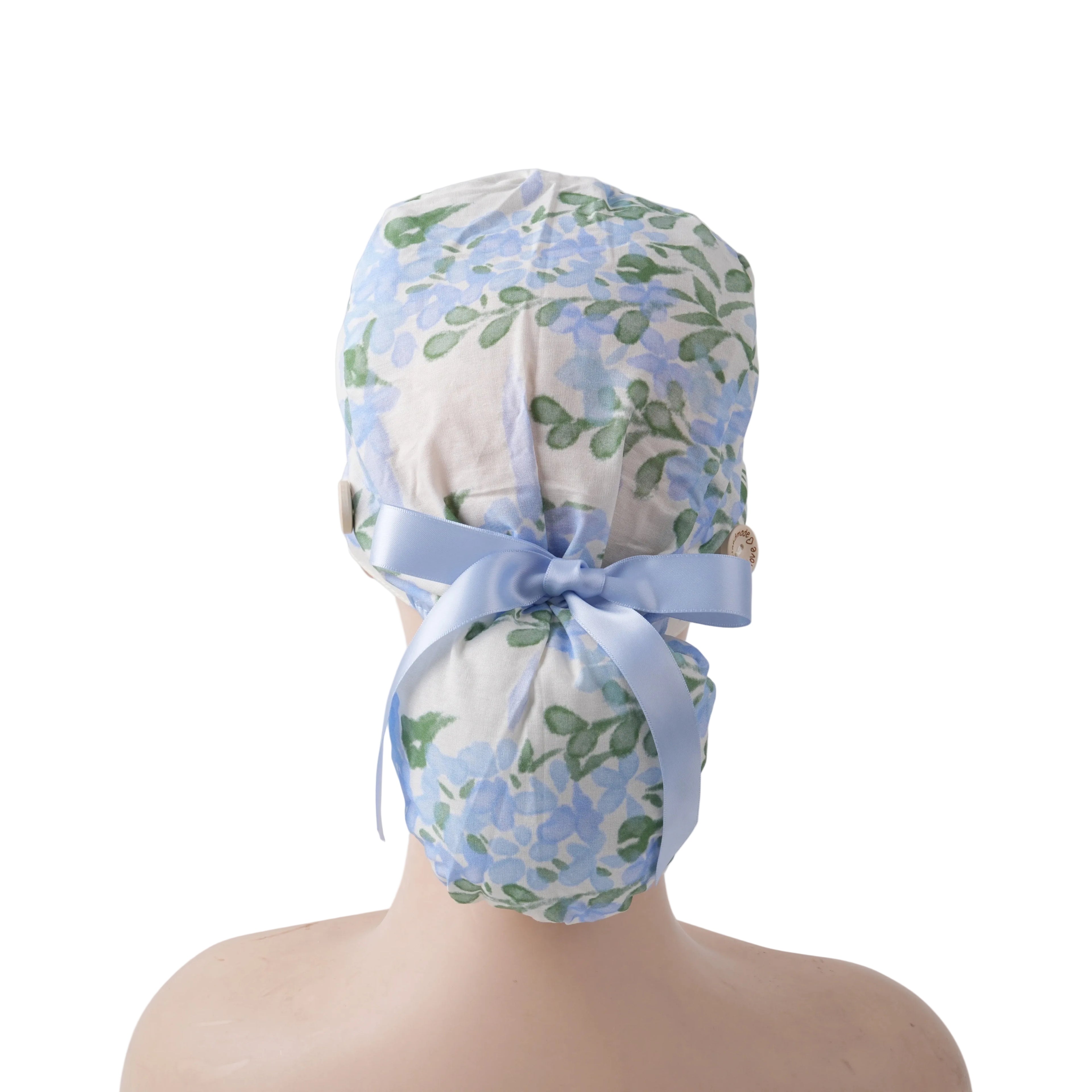 Watercolor Blue Floral Ponytail Scrub Cap
