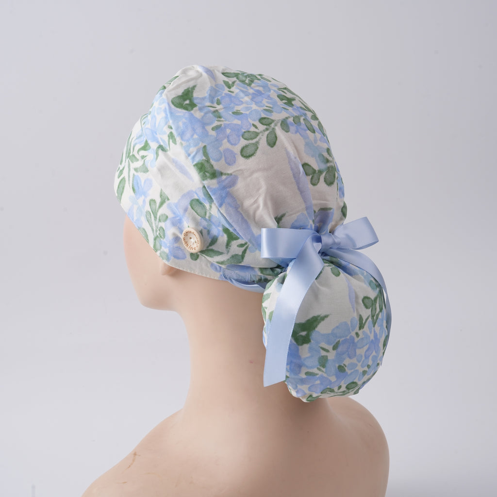 Watercolor Blue Floral Ponytail Scrub Cap