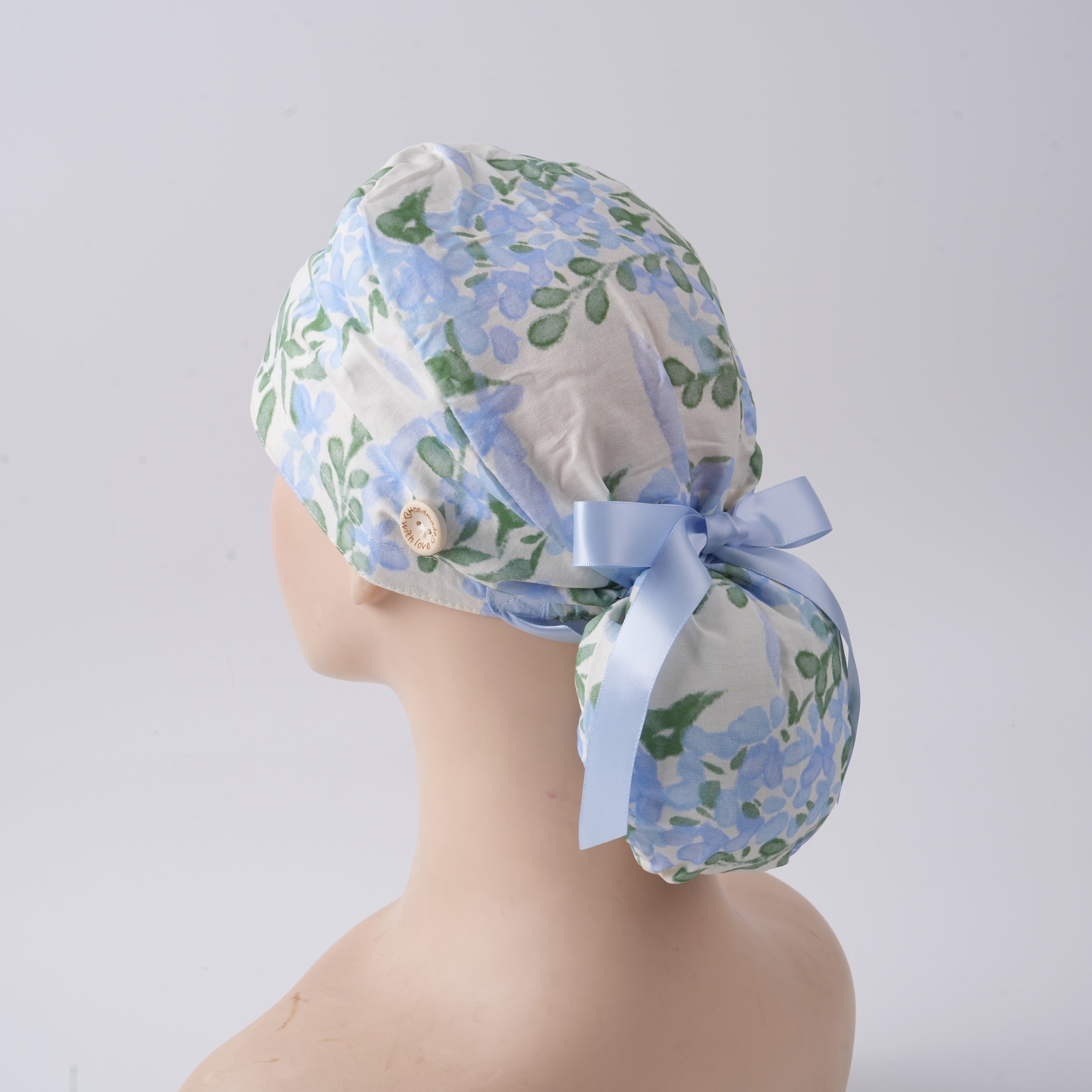 Watercolor Blue Floral Ponytail Scrub Cap