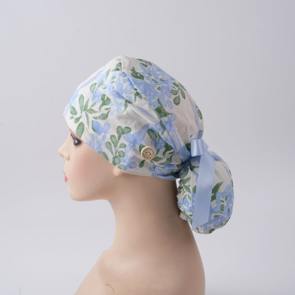 Watercolor Blue Floral Ponytail Scrub Cap