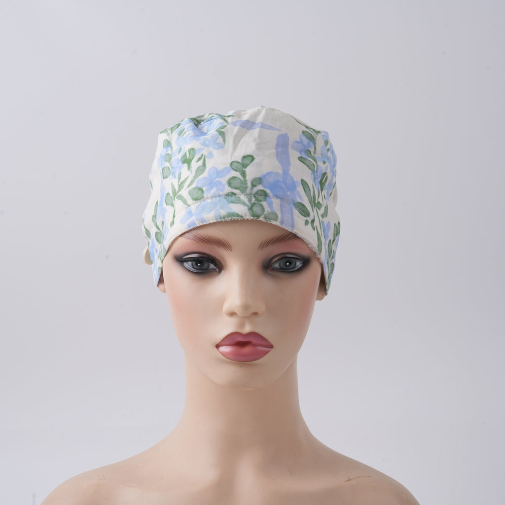 Watercolor Blue Floral Ponytail Scrub Cap