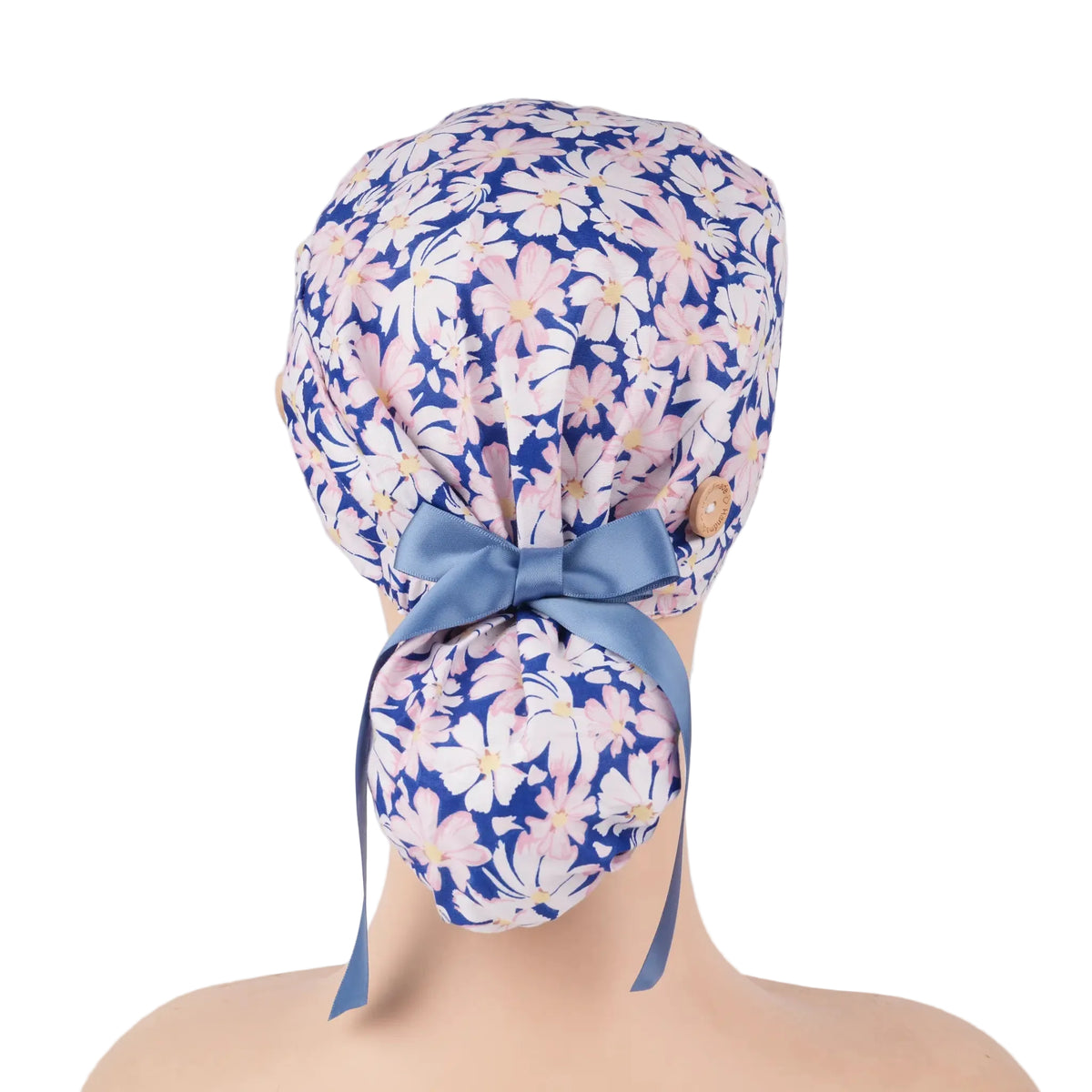 Pink Blue Daisy Ponytail Scrub Cap