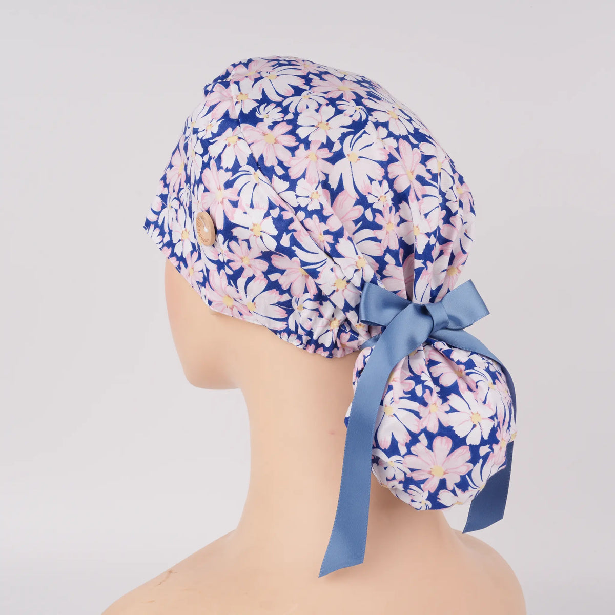 Pink Blue Daisy Ponytail Scrub Cap
