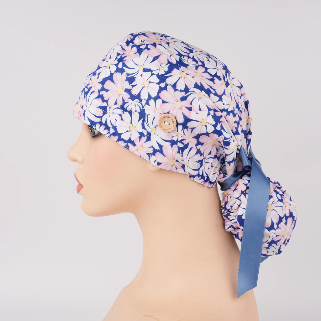 Pink Blue Daisy Ponytail Scrub Cap
