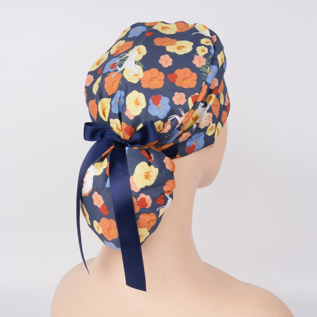 Flowers & Unicorn Ponytail Scrub Cap