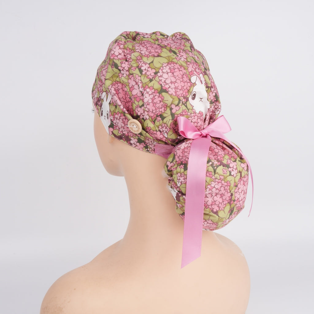 Pink Hydrangea & Bunny Ponytail Scrub Cap