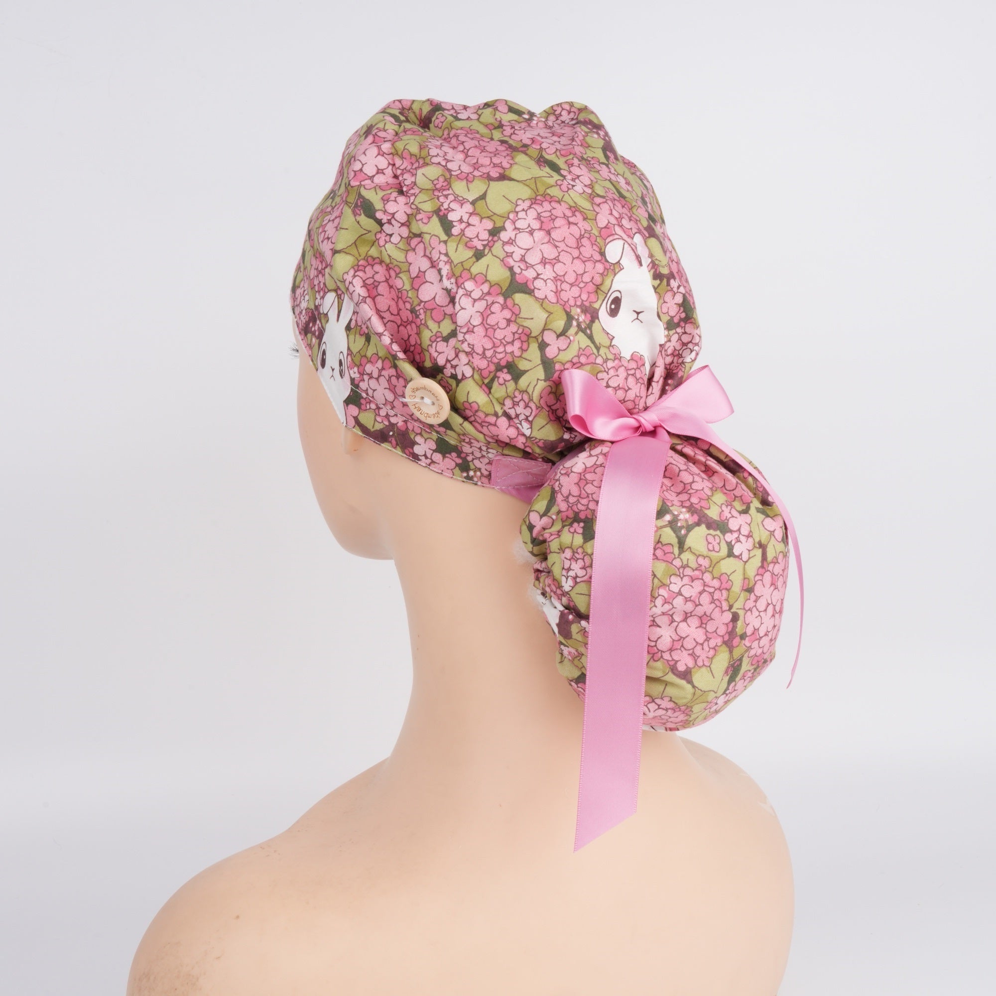 Pink Hydrangea & Bunny Ponytail Scrub Cap