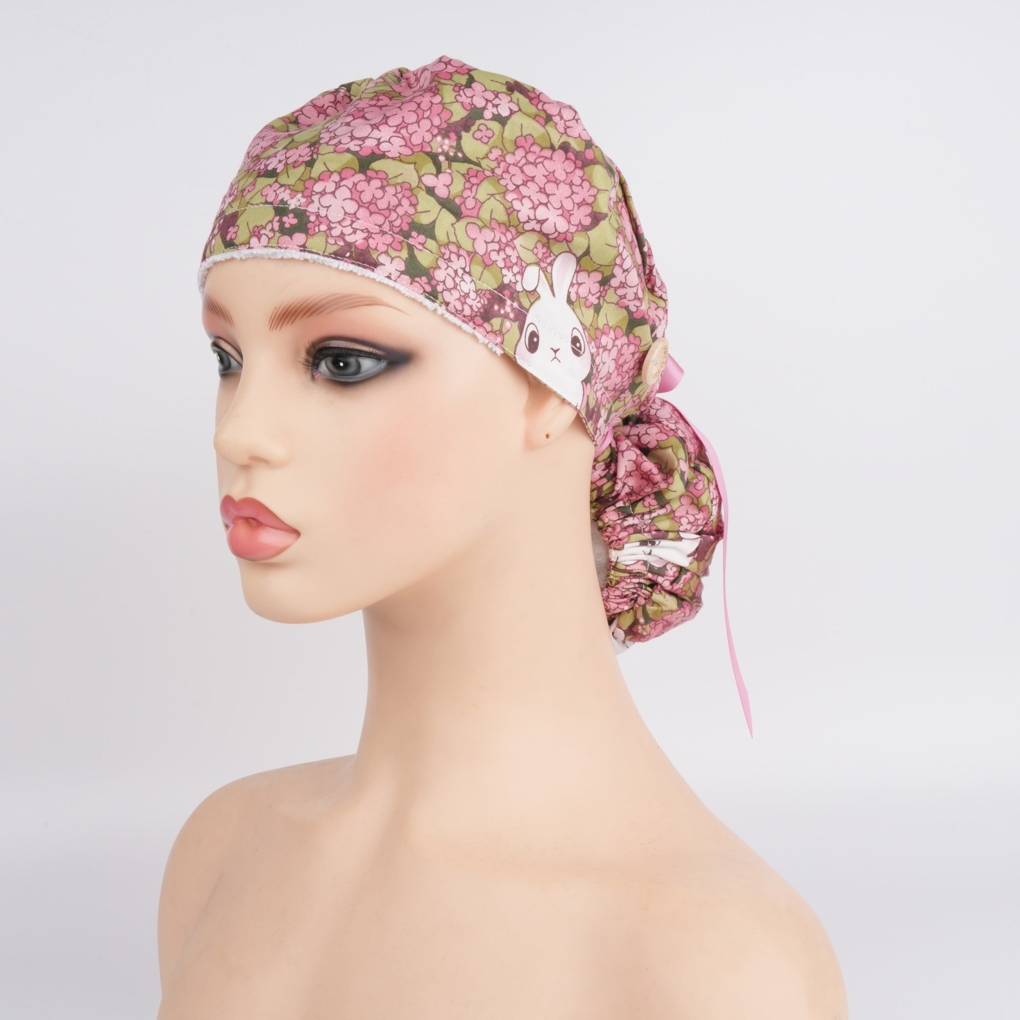 Pink Hydrangea & Bunny Ponytail Scrub Cap