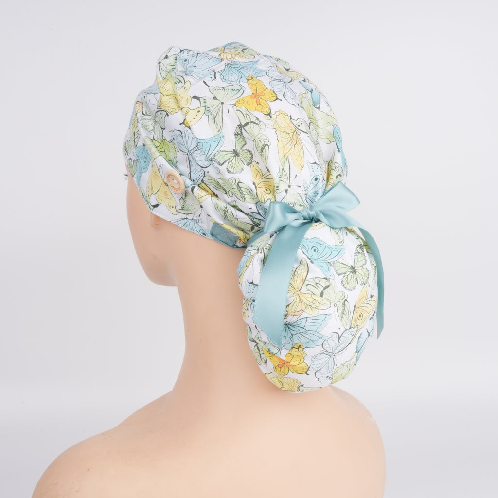 Teal Butterfly Ponytail Scrub Cap