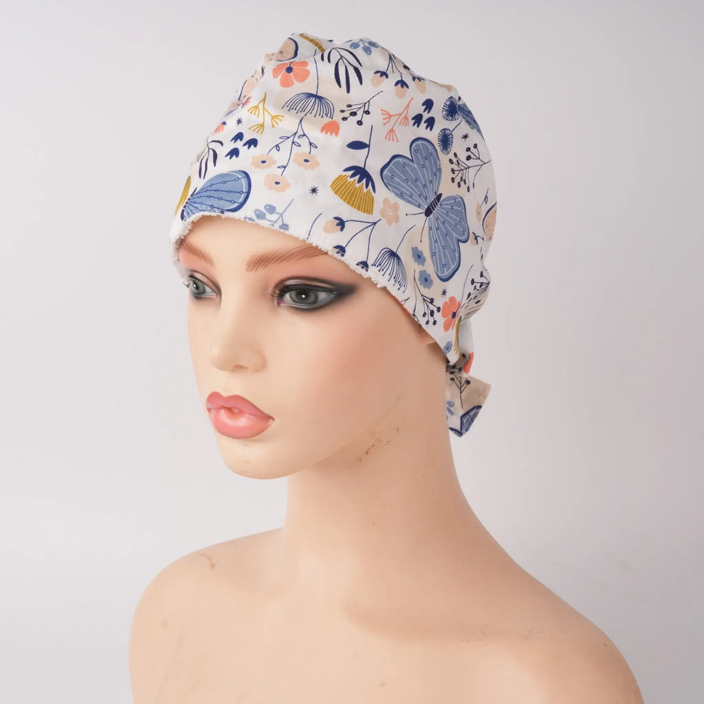 Blue Pink Butterfly Tie Back Scrub Cap