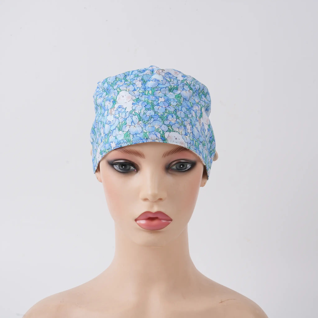 Puppy & Blue Floral Ponytail Scrub Cap