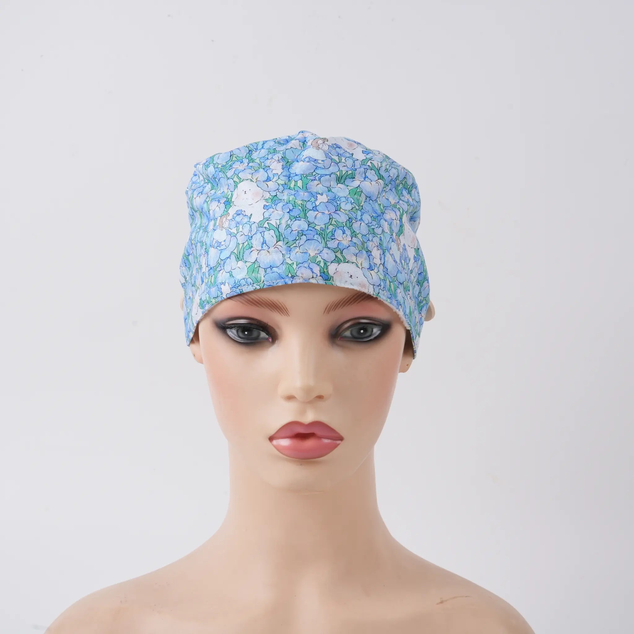 Puppy & Blue Floral Ponytail Scrub Cap