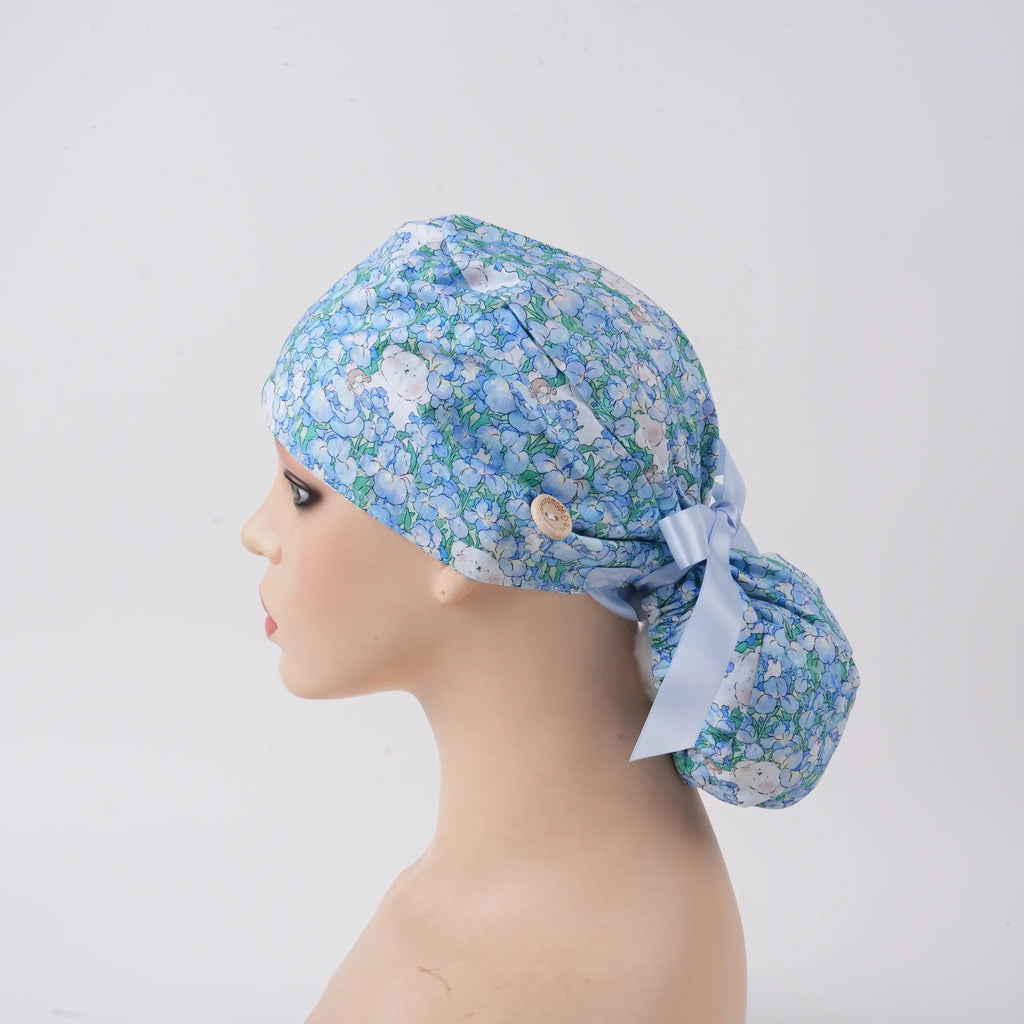 Puppy & Blue Floral Ponytail Scrub Cap