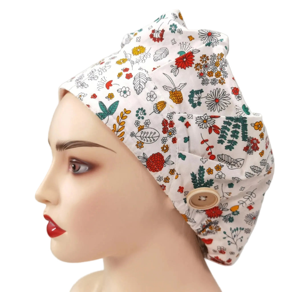 White boho flower bouffant scrub cap with wooden button, side view on mannequin