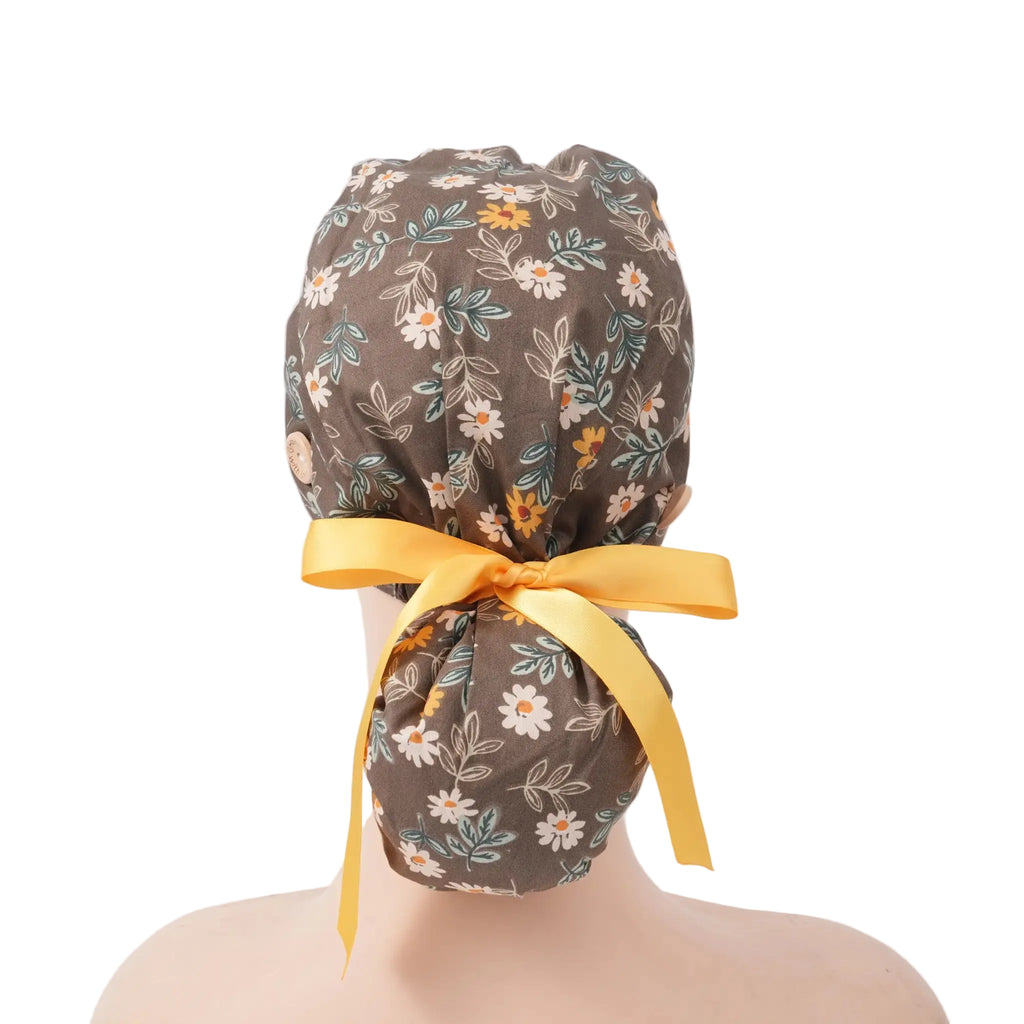 Brown Daisy Ponytail Scrub Cap