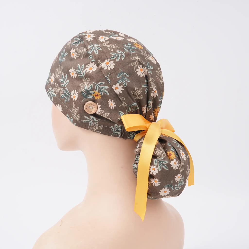 Brown Daisy Ponytail Scrub Cap