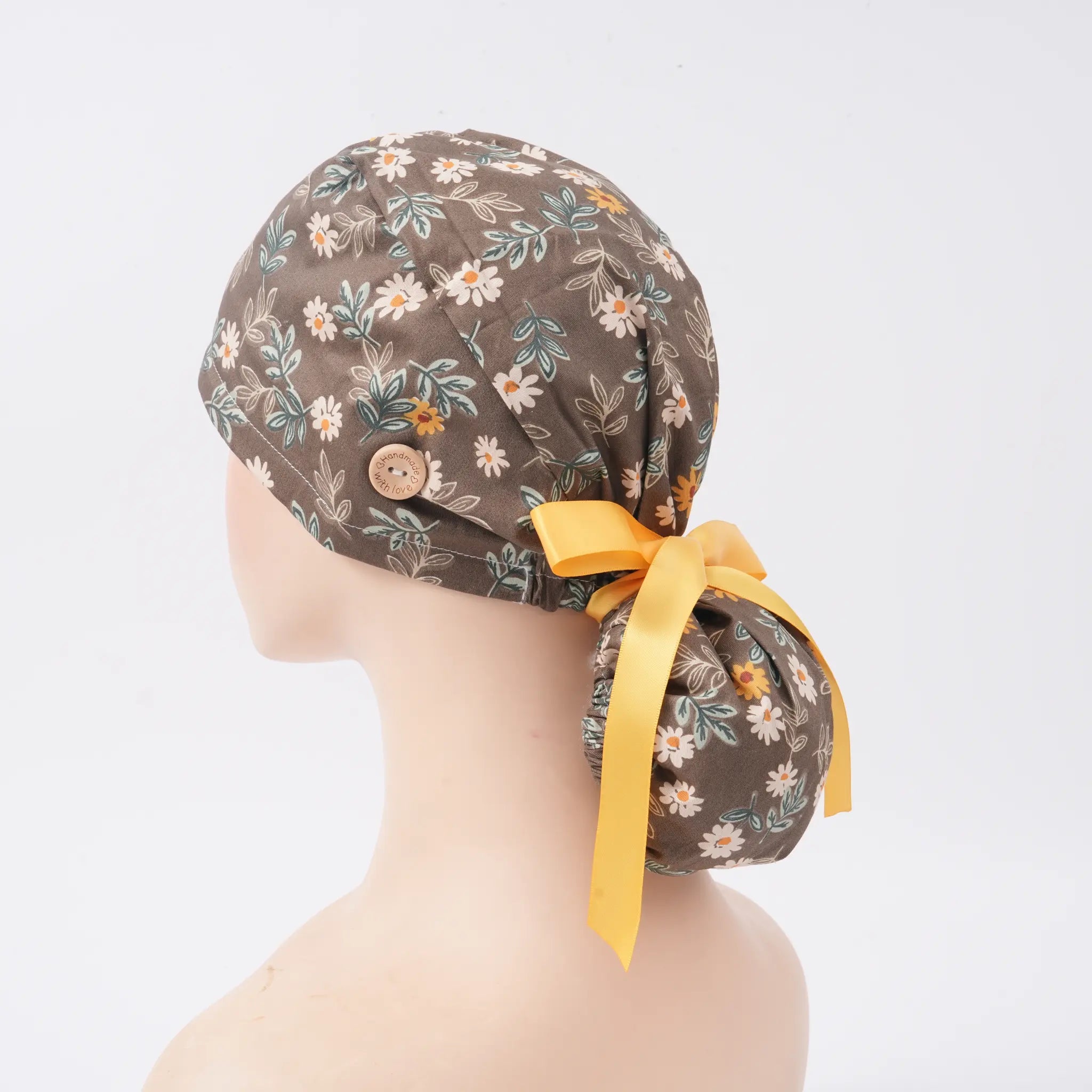 Brown Daisy Ponytail Scrub Cap