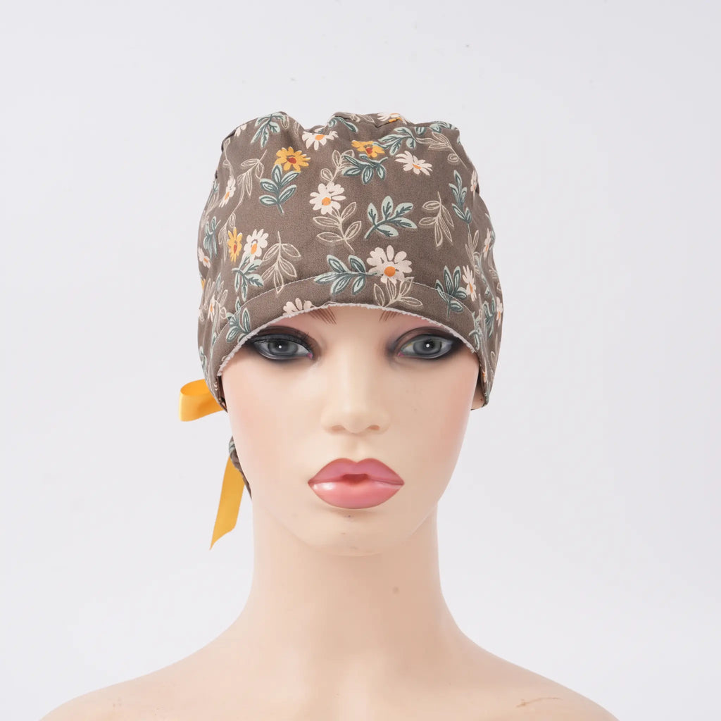Brown Daisy Ponytail Scrub Cap