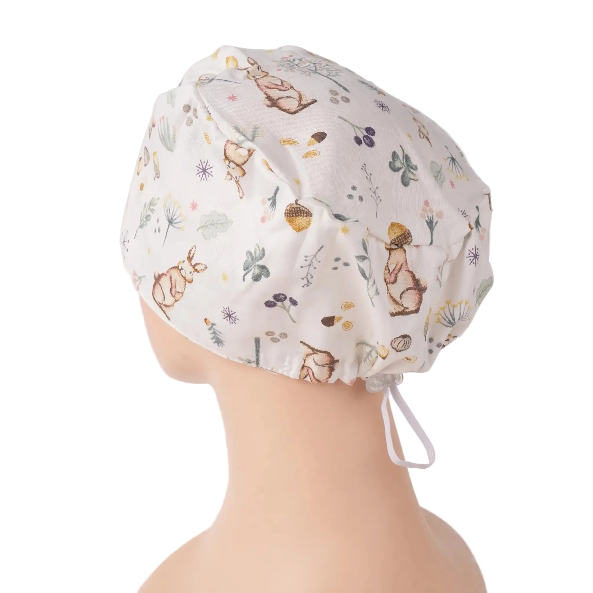 Side back view of white bunny euro scrub cap with acorns and wildflowers
