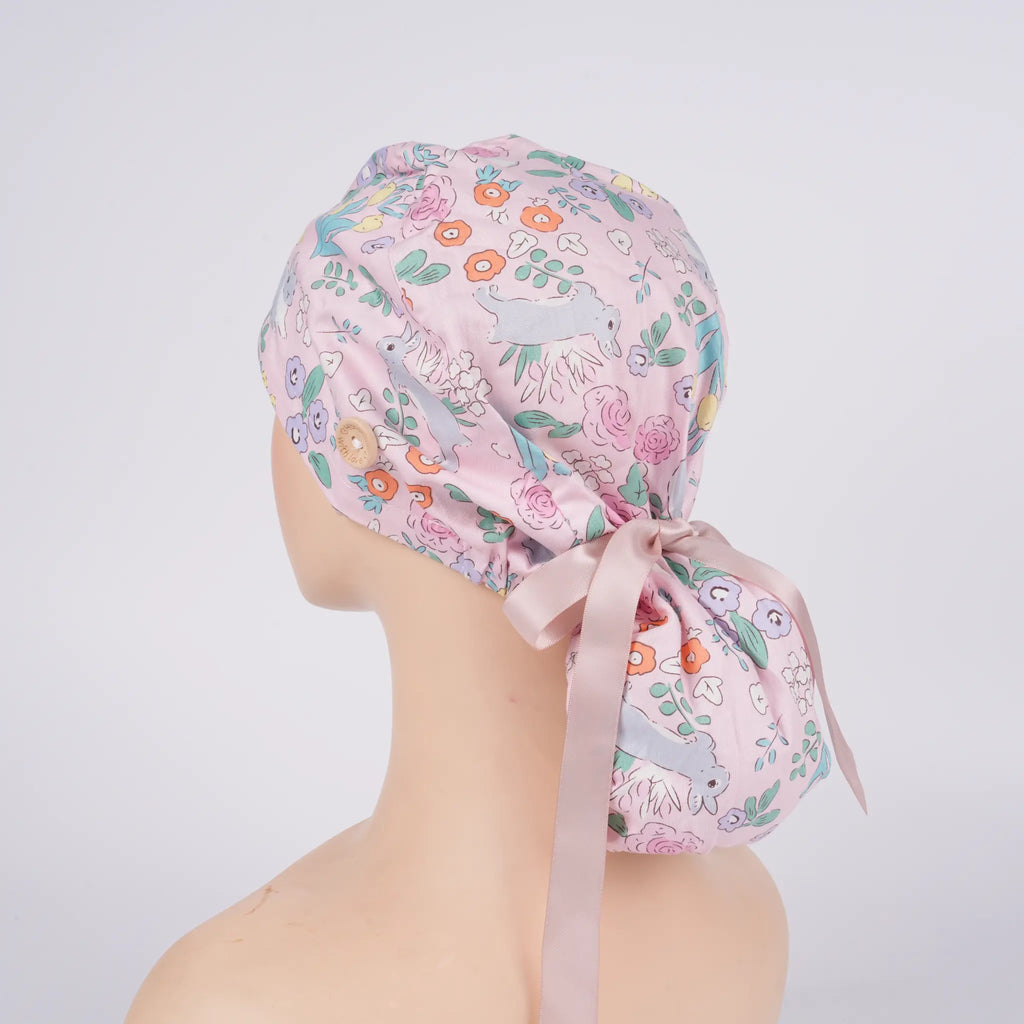 Bunny & Flowers Ponytail Scrub Cap
