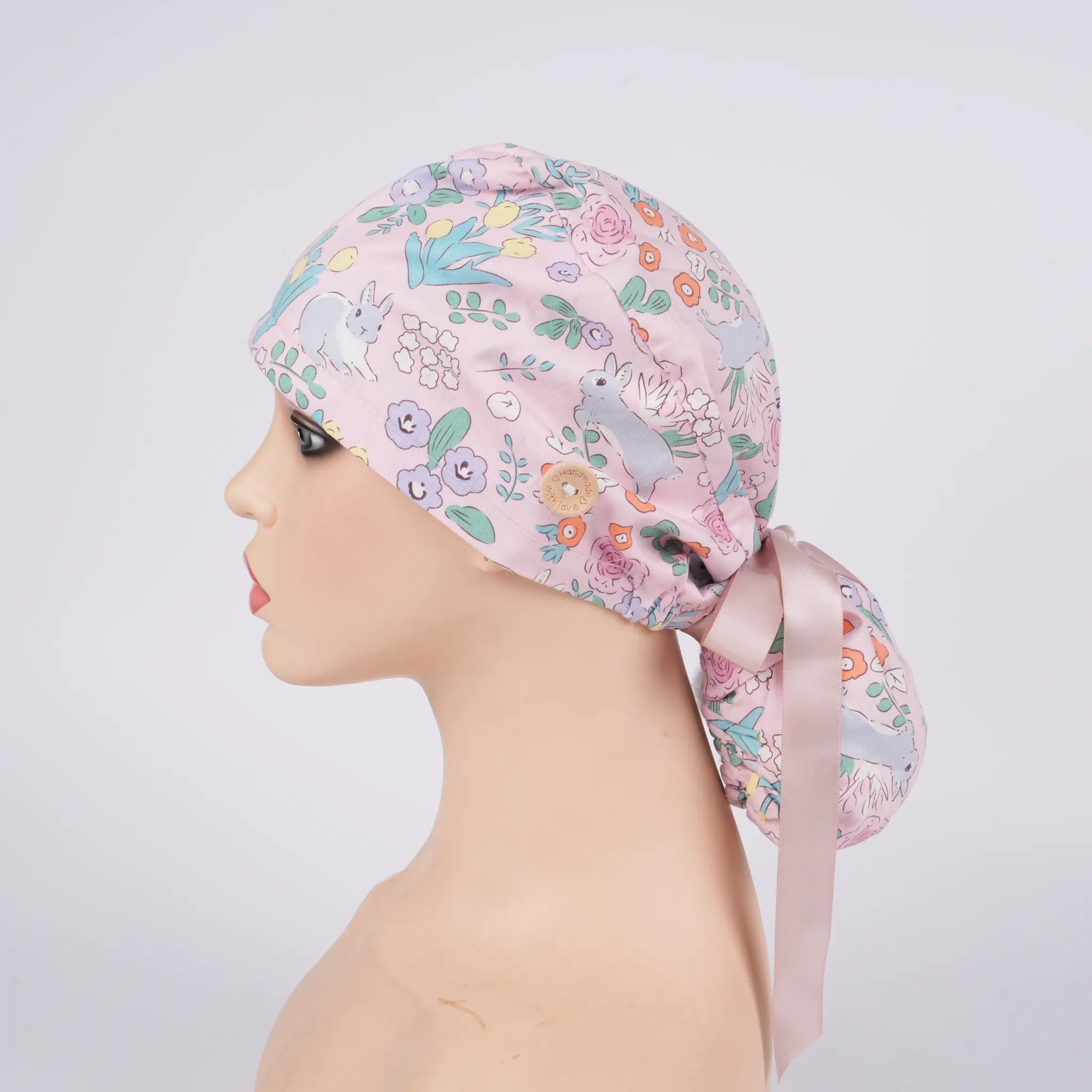Bunny & Flowers Ponytail Scrub Cap