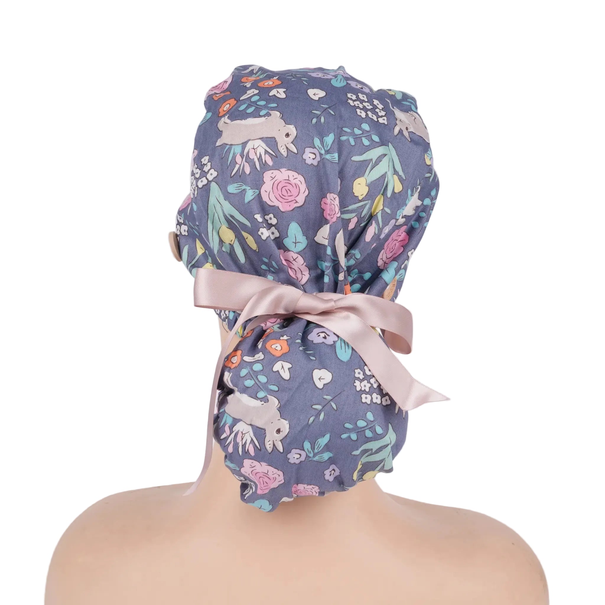 Bunny & Flowers Ponytail Scrub Cap