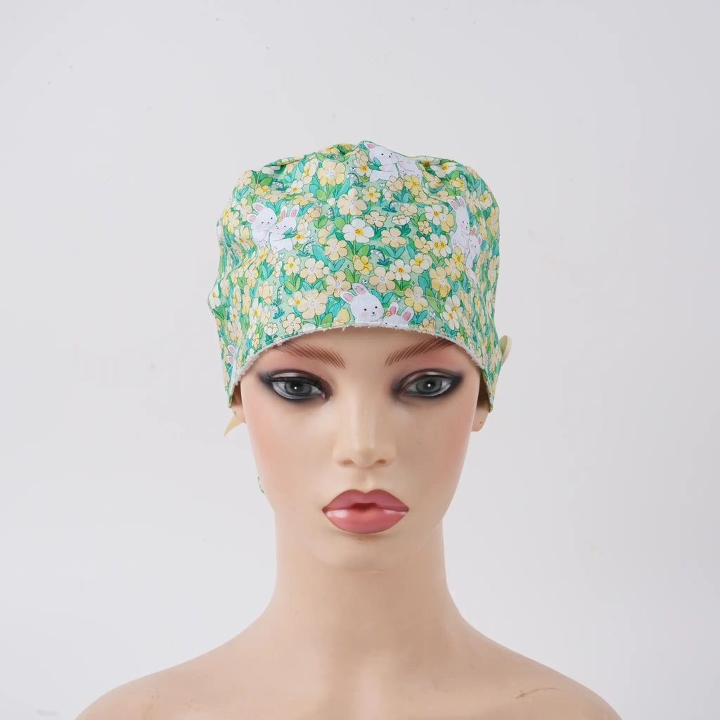 Green Bunny Floral Ponytail Scrub Cap