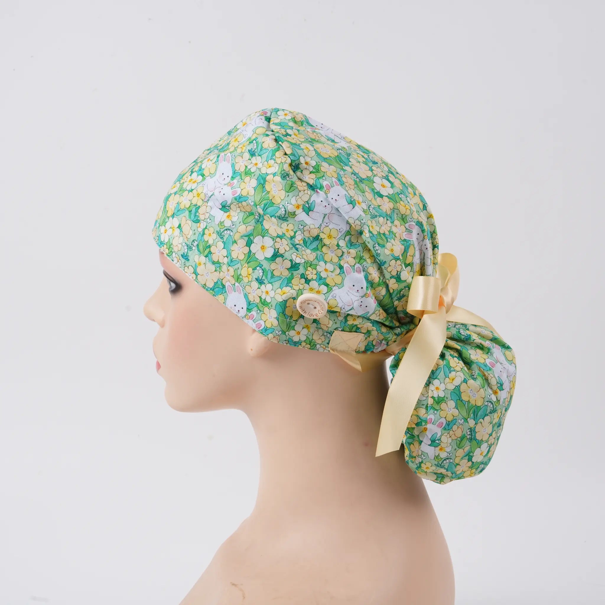 Green Bunny Floral Ponytail Scrub Cap
