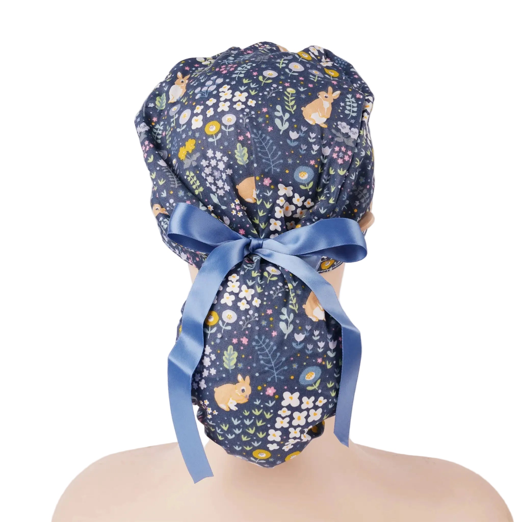 Bunny Flowers Ponytail Scrub Cap