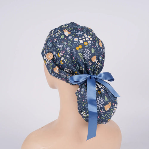 Bunny Flowers Ponytail Scrub Cap