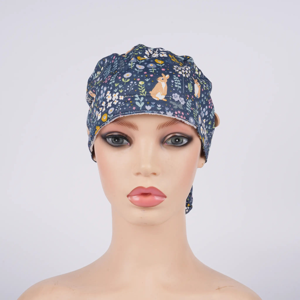 Bunny Flowers Ponytail Scrub Cap