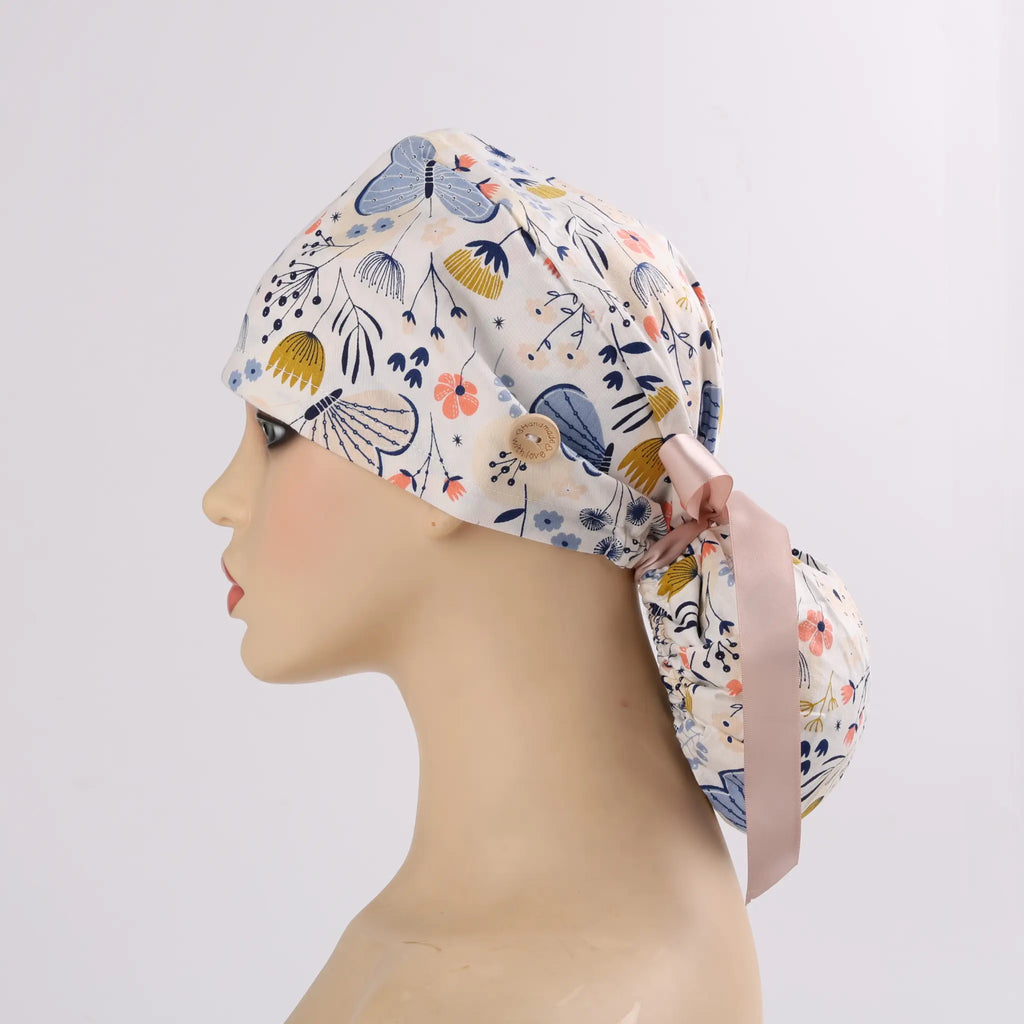 Butterfly Florals Ponytail Scrub Cap