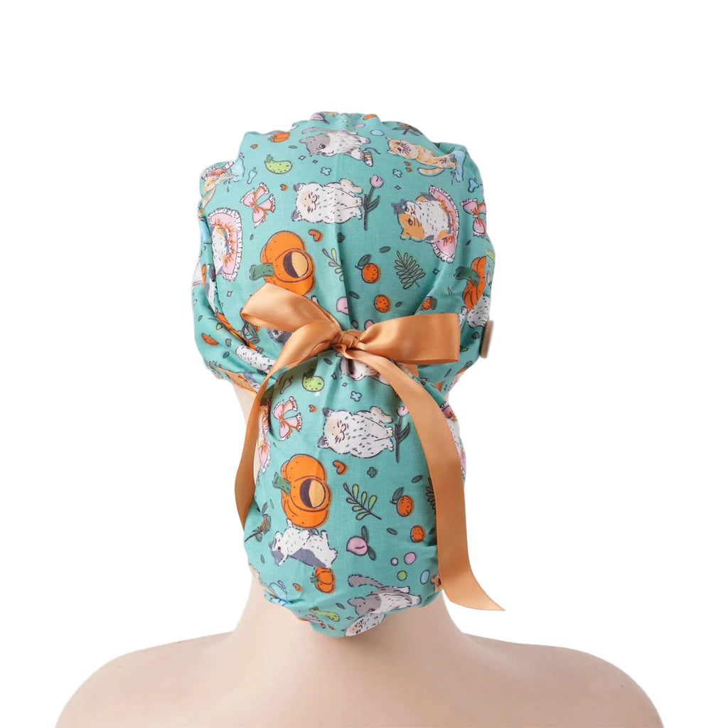 Cat & Pumpkin Ponytail Scrub Cap