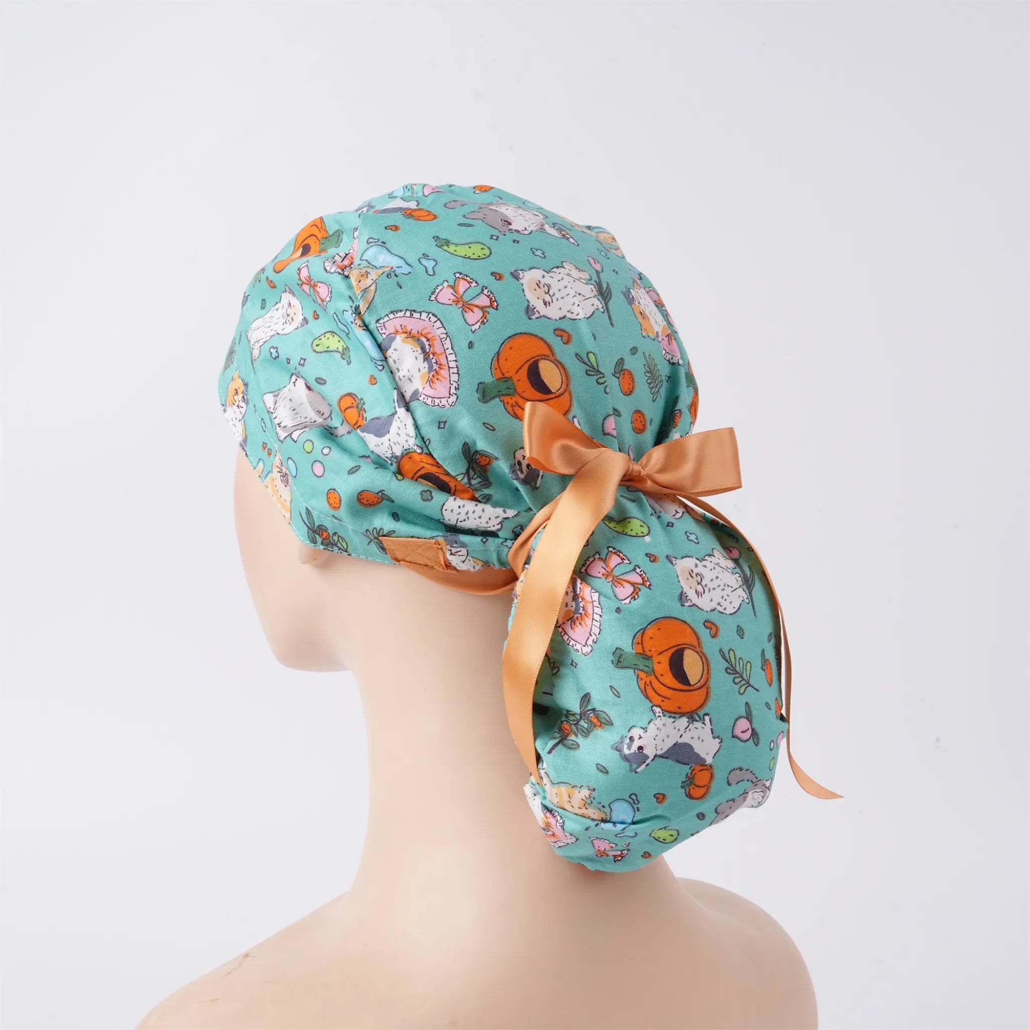 Cat & Pumpkin Ponytail Scrub Cap