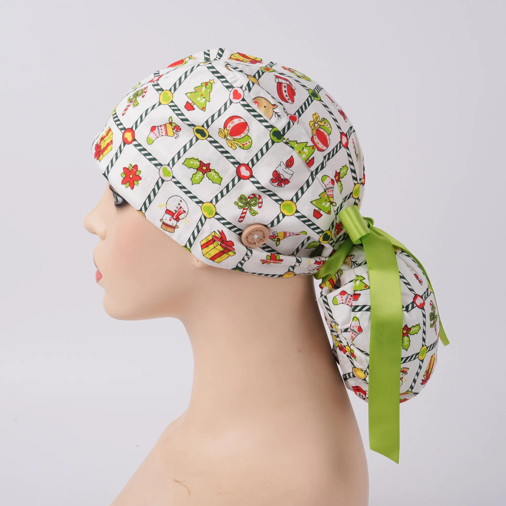 Christmas Plaid Ponytail Scrub Cap