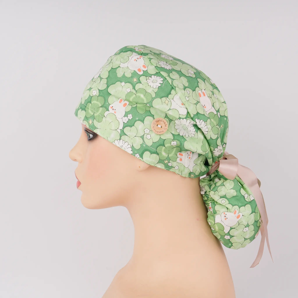 Green Clover Ponytail Scrub Cap