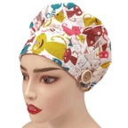 Right front view of colorful cartoon cat print bouffant cap on mannequin head