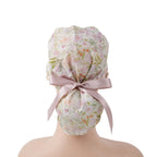 Cream Floral Ponytail Scrub Cap